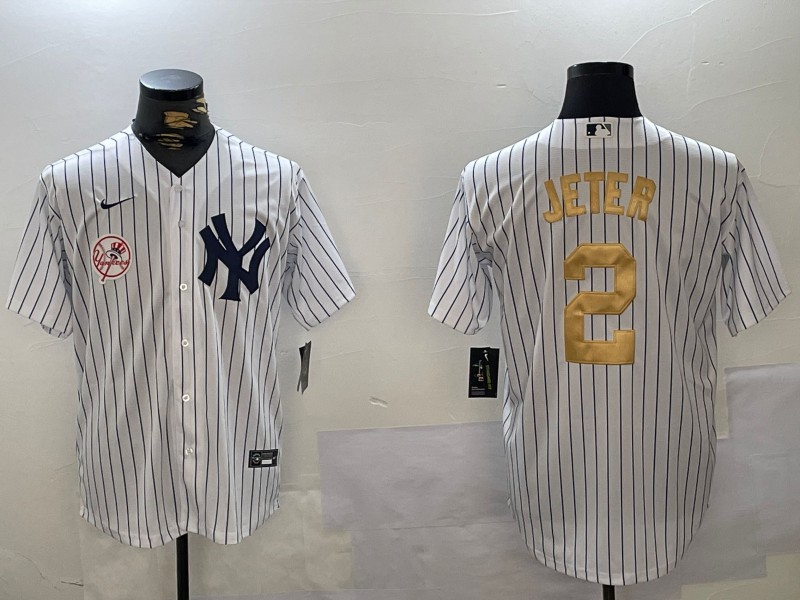 Men's New York Yankees #2 Derek Jeter White Pinstripe Fashion Cool Base Jersey