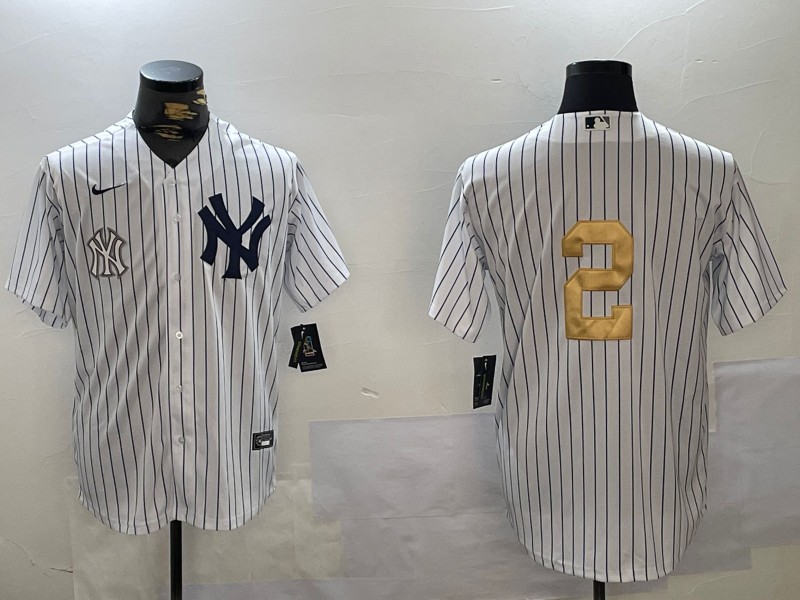 Men's New York Yankees #2 Derek Jeter White Pinstripe Without Name Fashion Cool Base Jersey