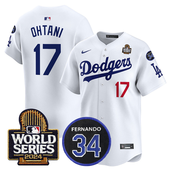 Youth Los Angeles Dodgers #17 Shohei Ohtani White 2024 World Series With Fernando Memorial Patch Limited Stitched Baseball Jersey