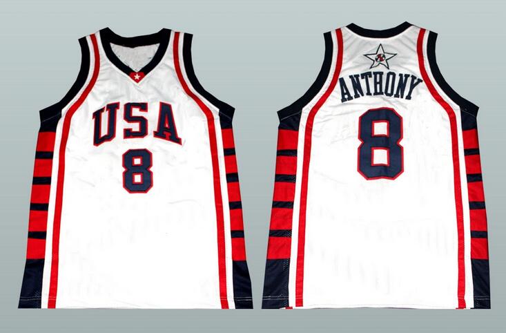 Men's 2004 Team USA #8 Carmelo Anthony White Stitched Basketball Jersey