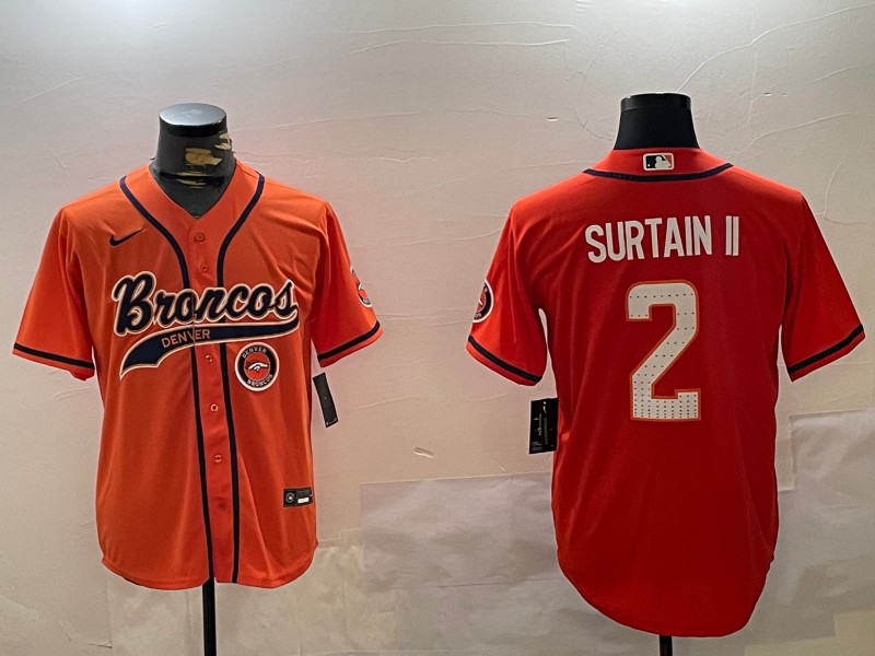 Men's Denver Broncos #2 Patrick Surtain II Orange With Team Logo Patch Cool Base Stitched Baseball Jersey
