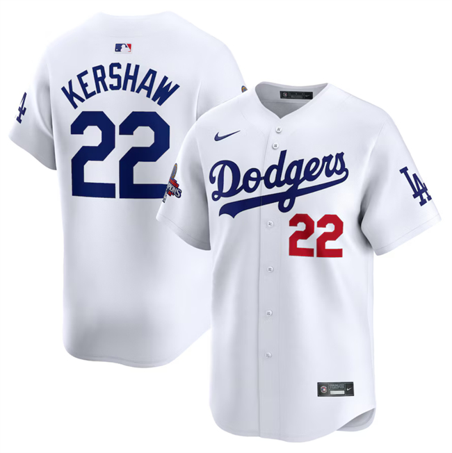 Men's Los Angeles Dodgers #22 Clayton Kershaw White 2024 World Series Champions Home Limited Stitched Baseball Jersey