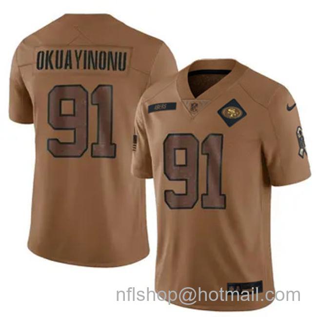 Men's San Francisco 49ers #91 Sam Okuayinonu Vapor Limited Stitched Football Jersey 2023 Salute to Service Brown