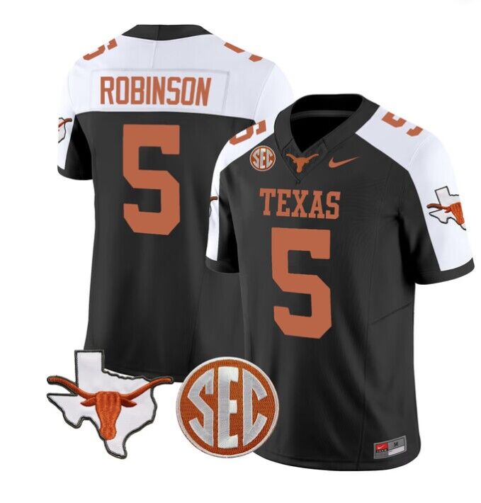 Men's Texas Longhorns #5 Bijan Robinson Black F.U.S.E. State Map & SEC Patch Stitched Jersey