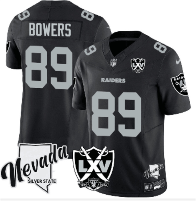 Men's Las Vegas Raiders #89 Brock Bowers Black 2024 F.U.S.E With Nevada Silver Stat Patch And 65th Anniversary Patch Stitched Football Jersey