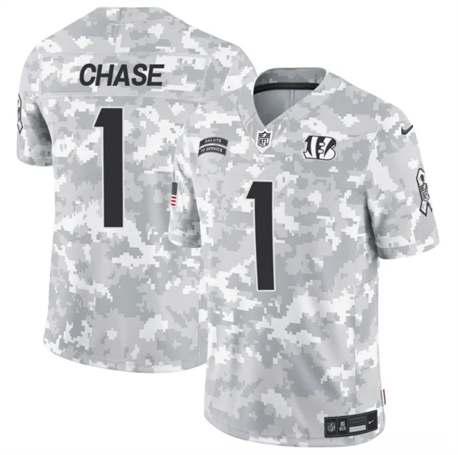 Men's Cincinnati Bengals #1 Ja'Marr Chase 2024 F.U.S.E Arctic Camo Salute to Service Limited Stitched Football Jersey