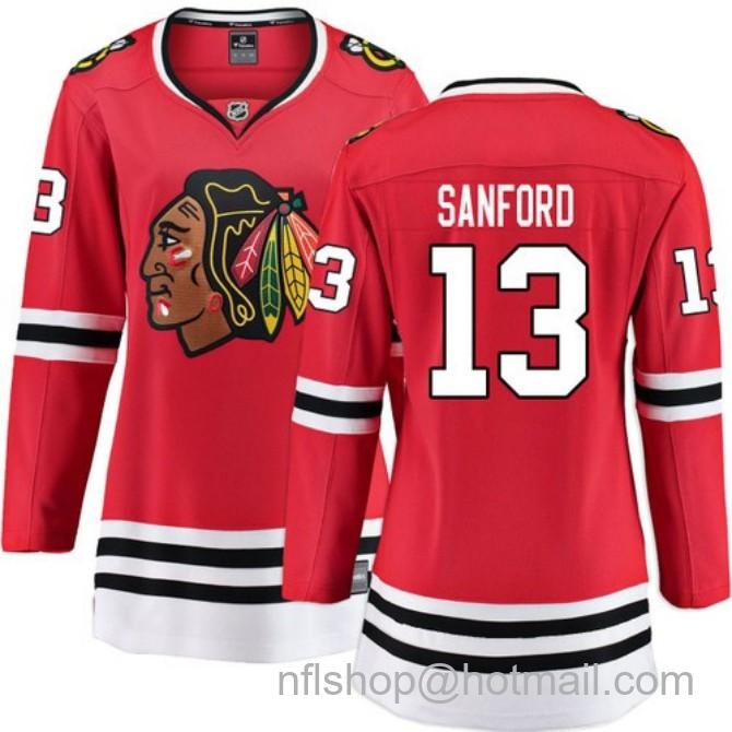 Women's #13 Zach Sanford Chicago Blackhawks Women's Home Red Breakaway Fanatics Stitched Hockey Jersey