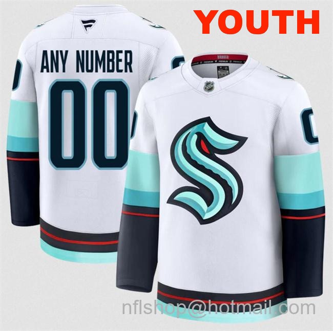 Customized Fanatics Youth Seattle Kraken White 2024-25 Away Stitched Hockey Jersey