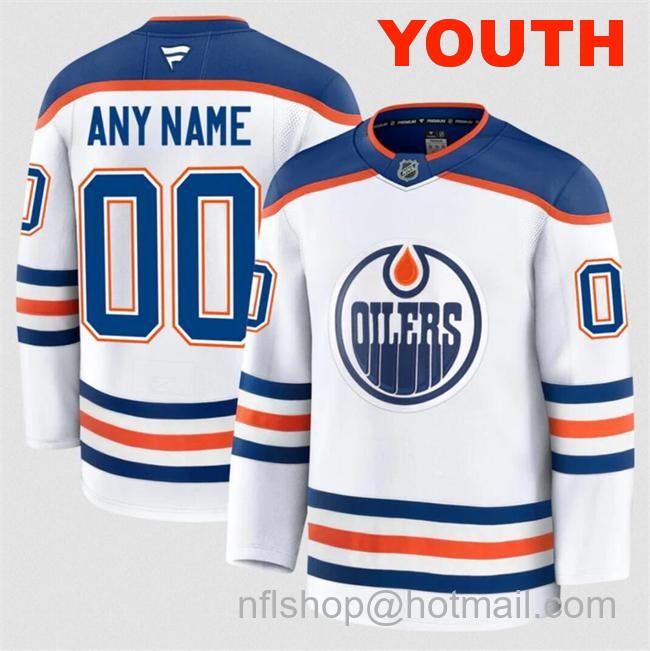 Customized Fanatics Youth Edmonton Oilers White 2024-25 Away Stitched Hockey Jersey