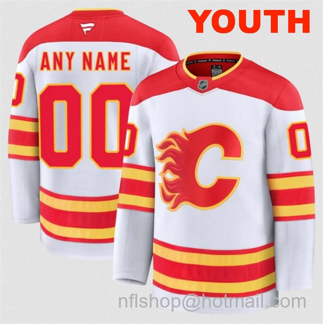 Customized Fanatics Youth Calgary Flames White 2024-25 Away Stitched Hockey Jersey