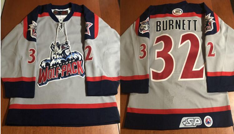 Men's Hartford Wolf Pack #32 Rob Burnett Gray Stitched Hockey Jersey