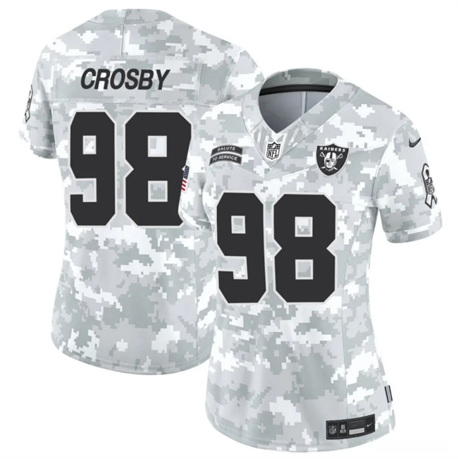 Women's Las Vegas Raiders #98 Maxx Crosby 2024 F.U.S.E Arctic Camo Salute to Service Limited Stitched Jersey(Run Small)