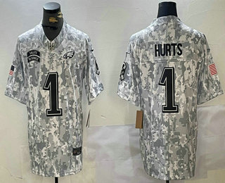 Men's Philadelphia Eagles #1 Jalen Hurts 2024 FUSE Arctic Camo Salute to Service Limited Stitched Jersey