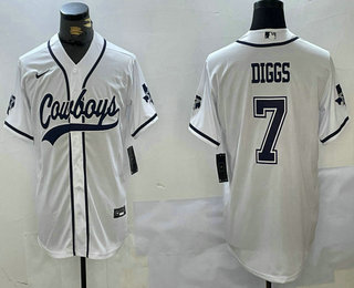 Men's Dallas Cowboys #7 Trevon Diggs White With Navy Name Cool Base Stitched Baseball Jersey