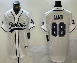 Men's Dallas Cowboys #88 CeeDee Lamb White With Navy Name Cool Base Stitched Baseball Jersey