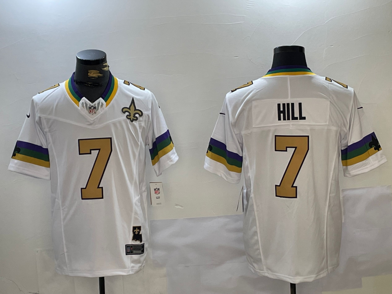 Men's New Orleans Saints #7 Taysom Hill White With Patch 2024 FUSE Vapor Limited Stitched Jersey