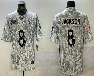 Men's Baltimore Ravens #8 Lamar Jackson Arctic Camo 2024 FUSE Salute to Service Limited Stitched Jersey