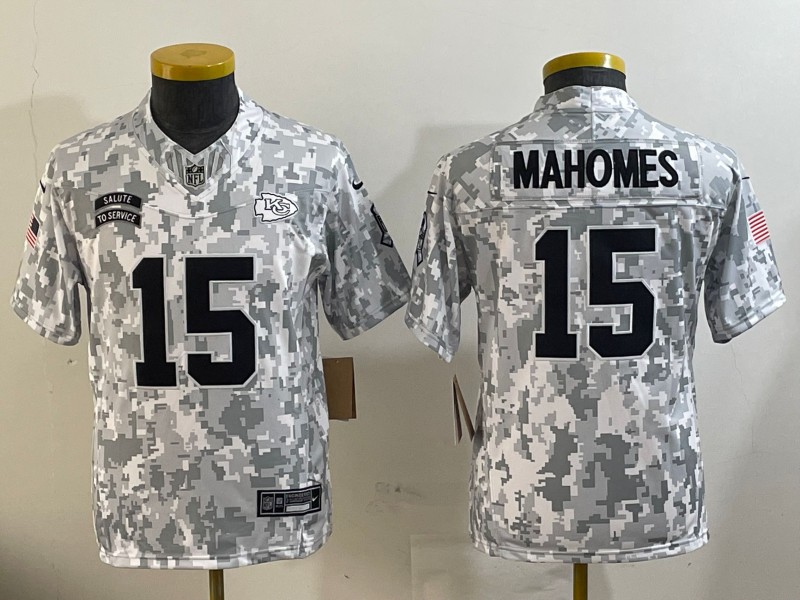 Youth Kansas City Chiefs #15 Patrick Mahomes 2024 F.U.S.E Arctic Camo Salute to Service Limited Stitched Football Jersey