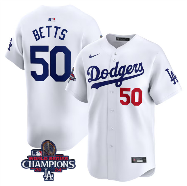 Men's Los Angeles Dodgers #50 Mookie Betts White 2024 World Series Champions Home Limited Stitched Baseball Jersey