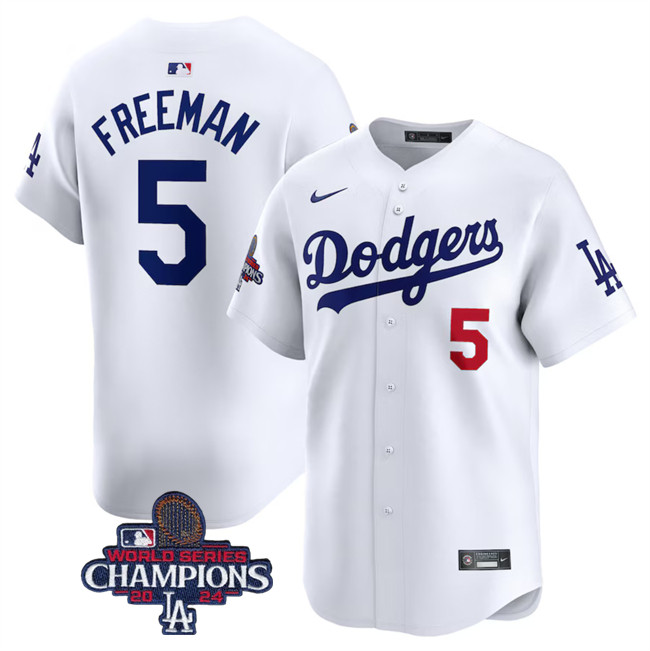 Men's Los Angeles Dodgers #5 Freddie Freeman White 2024 World Series Champions Home Limited Stitched Baseball Jersey