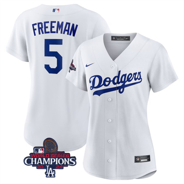 Women's Los Angeles Dodgers #5 Freddie Freeman White 2024 World Series Champions Cool Base Stitched Baseball Jersey(Run Small)