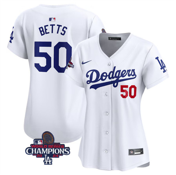 Women's Los Angeles Dodgers #50 Mookie Betts White 2024 World Series Champions Home Limited Stitched Baseball Jersey(Run Small)