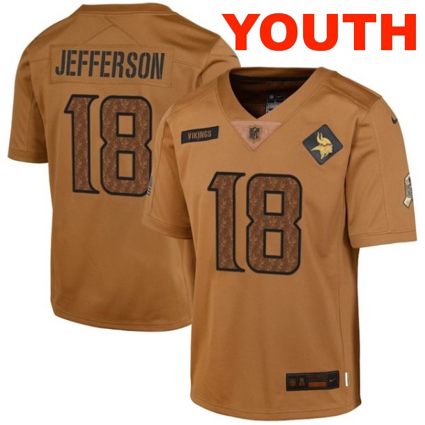 Youth Minnesota Vikings #18 Justin Jefferson 2023 Brown Salute To Service Limited Stitched Football Jersey