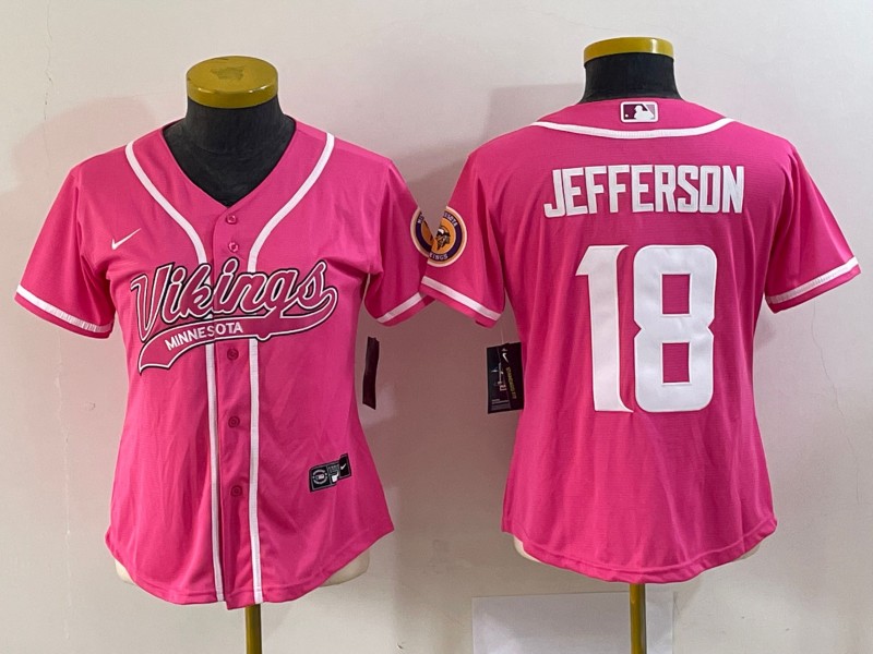 Youth Minnesota Vikings #18 Justin Jefferson Pink With Patch Cool Base Stitched Baseball Jersey