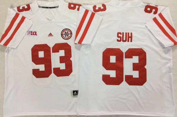 Men's NCAAF Nebraska Cornhuskers #93 Ndamukong Suh Adidas White Stitched College Football Jersey