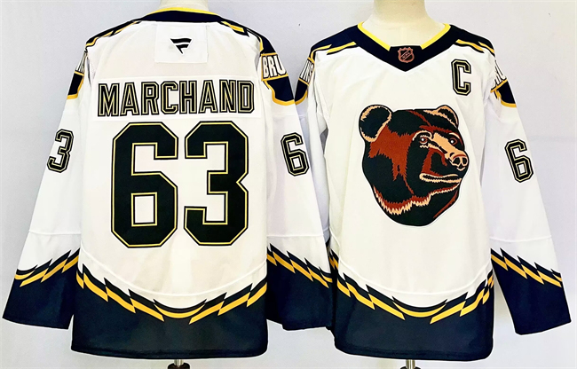 Men's Boston Bruins #63 Brad Marchand White 2024-25 With C Patch Reverse Retro Home Fanatics Stitched NHL Hockey Jersey