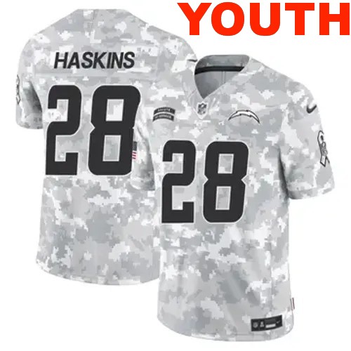 Youth Los Angeles Chargers #28 Hassan Haskins Vapor F.U.S.E. Limited 2024 Salute to Service Arctic Camo Nike Stitched NFL Football Jersey