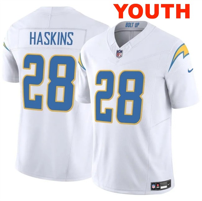 Youth Los Angeles Chargers #28 Hassan Haskins White 2024 F.U.S.E Vapor Limited Stitched Football Jersey