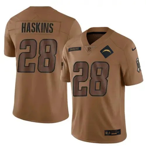 Men's Los Angeles Chargers #28 Hassan Haskins Vapor Limited 2023 Salute to Service Brown Nike Stitched NFL Football Jersey