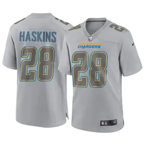 Men's Los Angeles Chargers #28 Hassan Haskins Atmosphere Fashion Limited Gray Nike Stitched NFL Football Jersey