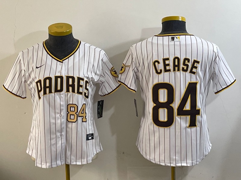 Women's San Diego Padres #84 Dylan Cease White Team Logo Number 84 Gold Stitched Cool Base Nike Jersey