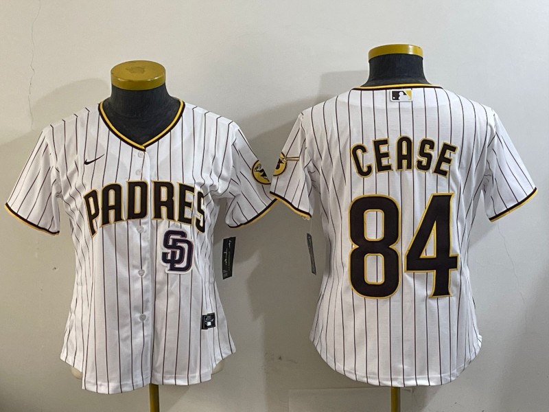 Women's San Diego Padres #84 Dylan Cease White Team Logo With SD Patch Stitched Cool Base Nike Jersey