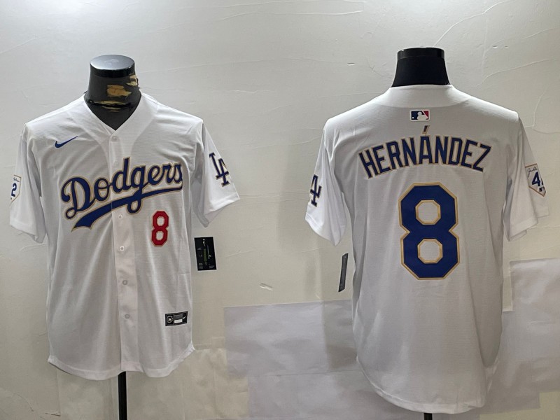 Men's Los Angeles Dodgers #8 Enrique Hernández White Gold 2024 Jackie Robinson Patch Stitched Baseball Jerseys