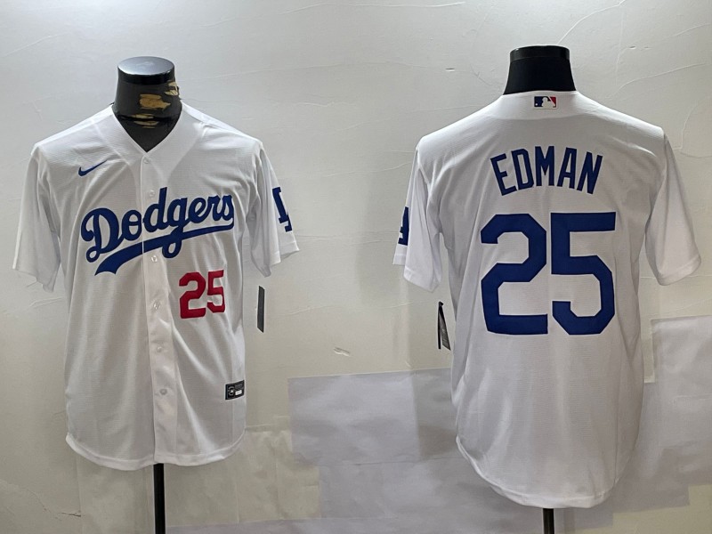 Men's Los Angeles Dodgers #25 Tommy Edman White Number Cool Base Stitched Baseball Jersey