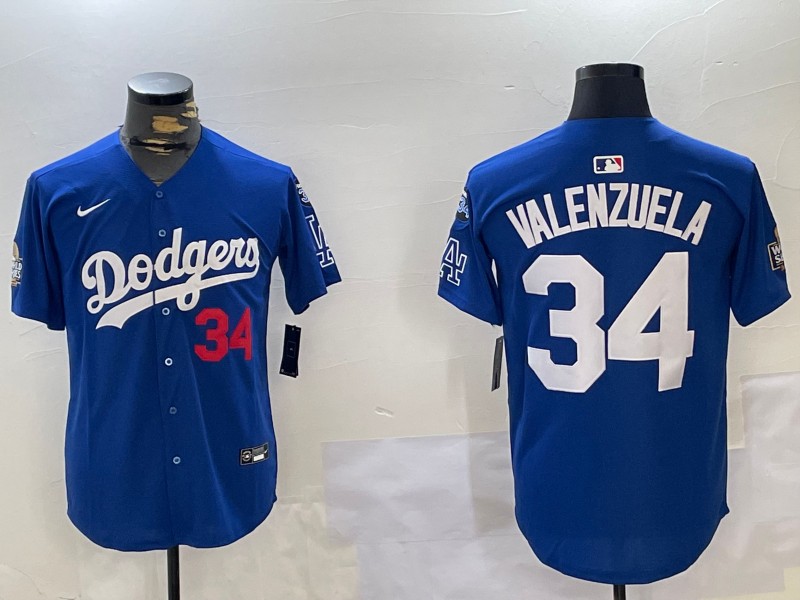 Men's Los Angeles Dodgers #34 Fernando Valenzuela Royal 2024 World Series With Fernando Memorial Patch Alternate Limited Stitched Baseball Jersey