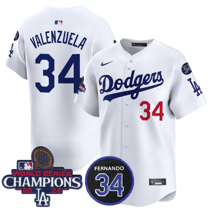 Men's Los Angeles Dodgers #34 Fernando Valenzuela White 2024 World Series Champions With Fernando Memorial Patch Home Limited Stitched Baseball Jersey