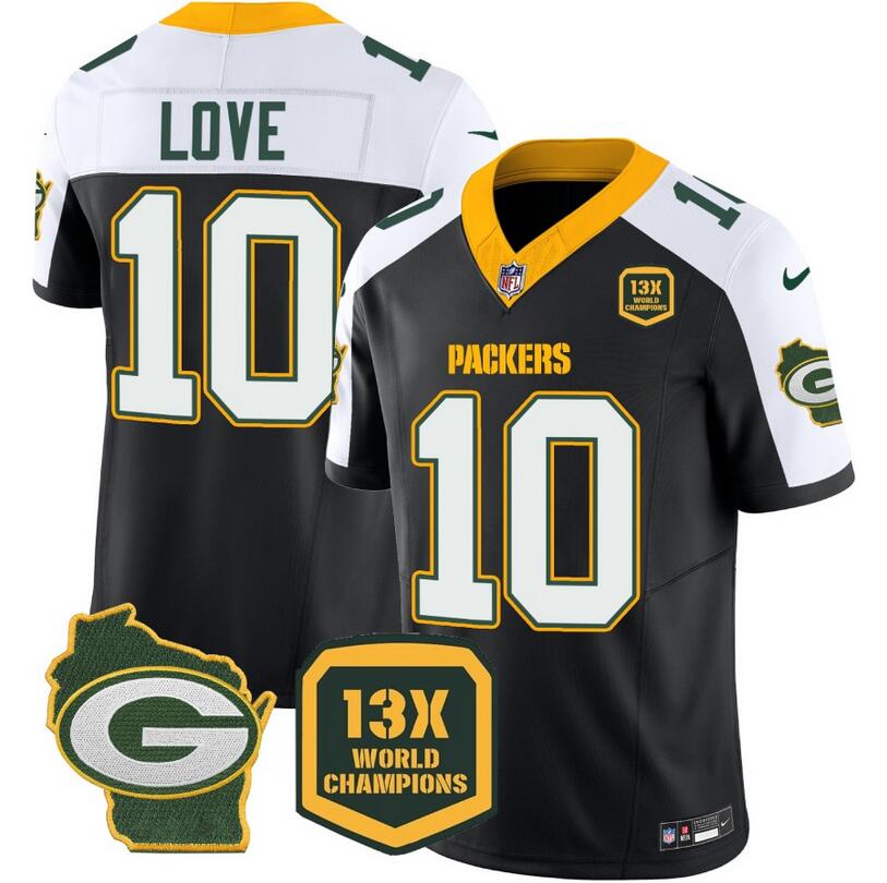 Men's Green Bay Packers #10 Jordan Love Black White 2023 F.U.S.E. Home Patch 13 Time World Champions Vapor Untouchable Limited Stitched Jersey