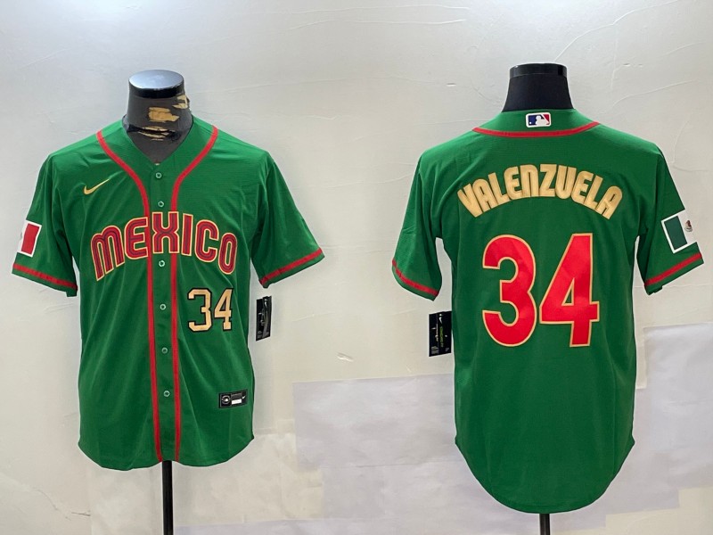 Men's Mexico Baseball #34 Fernando Valenzuela Number 2023 Green Gold World Classic Stitched Jersey 02