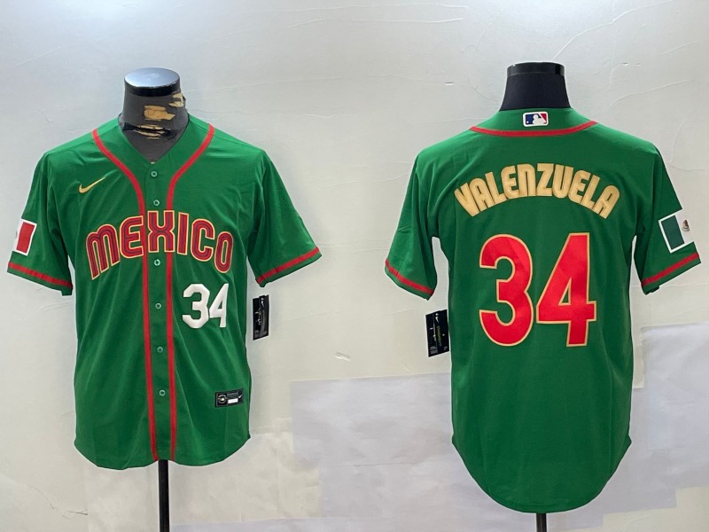 Men's Mexico Baseball #34 Fernando Valenzuela Number 2023 Green Gold World Classic Stitched Jersey 06