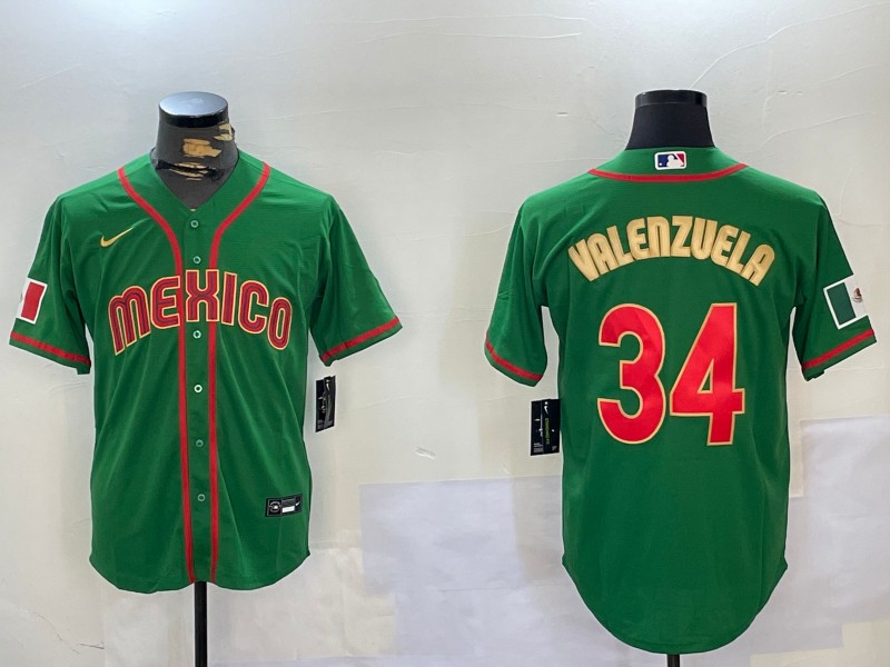 Men's Mexico Baseball #34 Fernando Valenzuela 2023 Green Gold World Classic Stitched Jersey 01