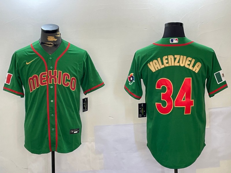 Men's Mexico Baseball #34 Fernando Valenzuela 2023 Green Gold World Classic Stitched Jersey 02