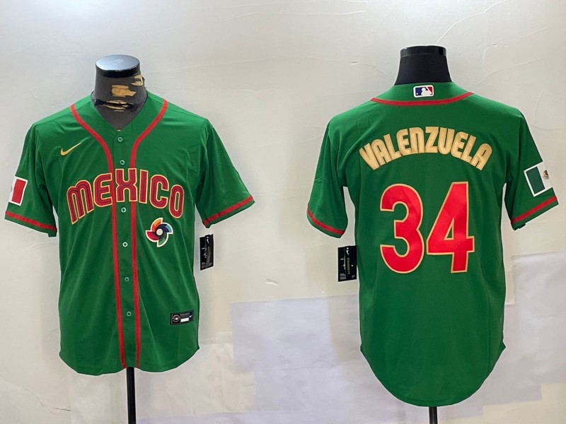 Men's Mexico Baseball #34 Fernando Valenzuela 2023 Green Gold World Classic Stitched Jersey 04