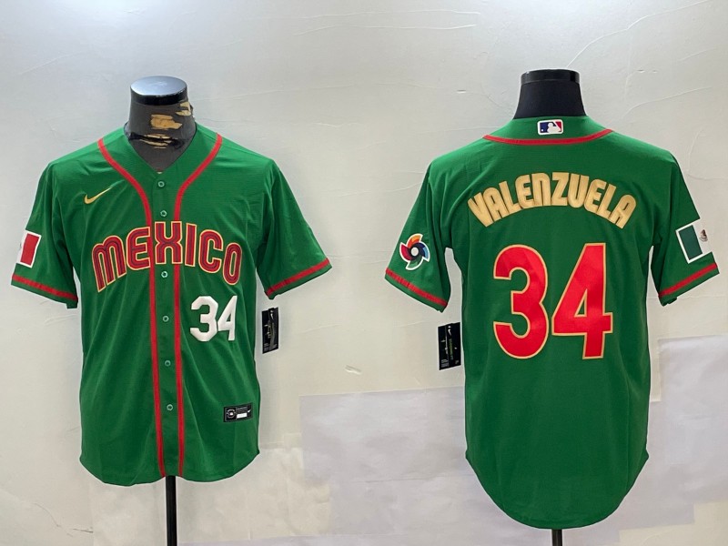 Men's Mexico Baseball #34 Fernando Valenzuela Number 2023 Green Gold World Classic Stitched Jersey 05