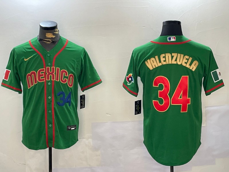 Men's Mexico Baseball #34 Fernando Valenzuela Number 2023 Green Gold World Classic Stitched Jersey 08