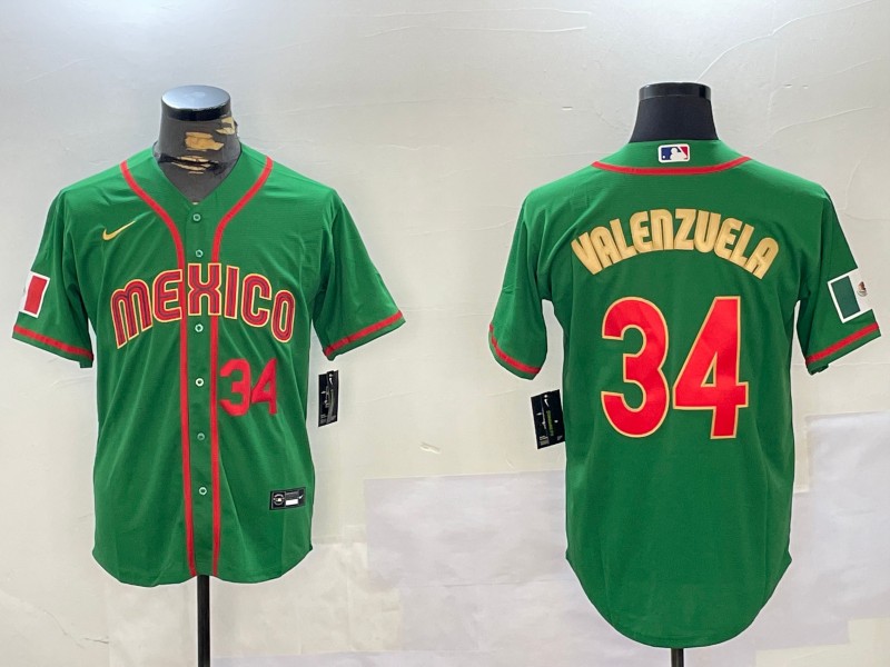 Men's Mexico Baseball #34 Fernando Valenzuela Number 2023 Green Gold World Classic Stitched Jersey 04