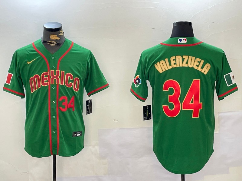 Men's Mexico Baseball #34 Fernando Valenzuela Number 2023 Green Gold World Classic Stitched Jersey 03